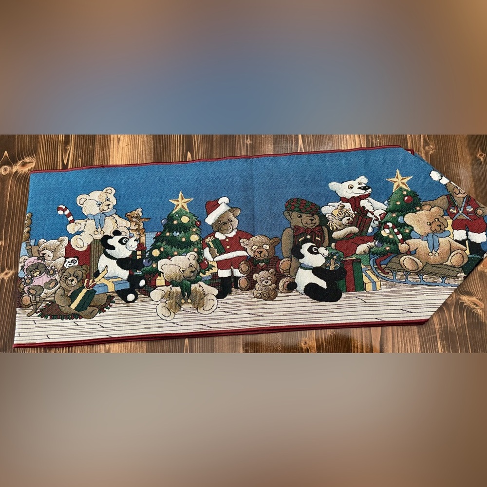 Beary Christmas Holiday Teddy Bear Tapestry Table Runner 13”x72”‎ EUC